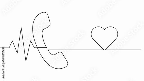 Telephone handset continuous line animation showing medical pulse heartbeat and heart shape