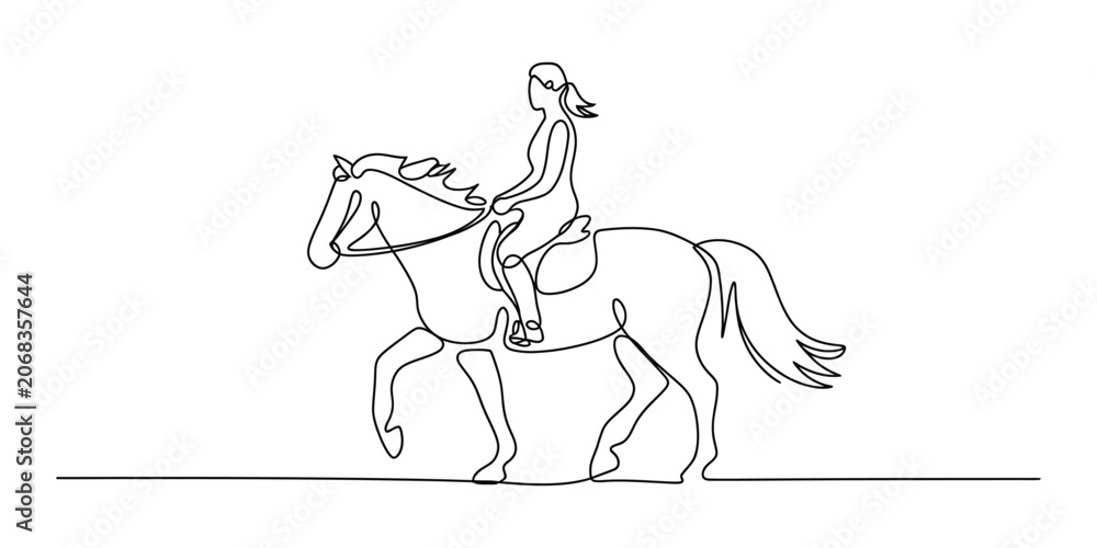 Fototapeta premium Woman riding a horse continuous one line drawing style illustration