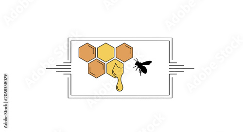 Honey Bee and Honeycomb with Dripping Honey, Isolated on White Background
