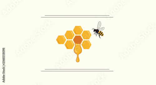 Honey Bee Flying Near Dripping Honeycomb, Sweetness and Nature Concept