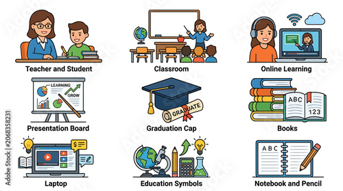 Students learn in a classroom with teacher through online courses and books