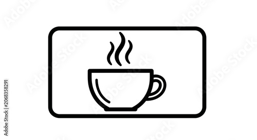 Hot Coffee Cup Icon with Steam, Simple Line Art, Isolated on White Background