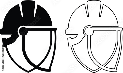 Bilde på lerret Cricket helmet vector icon set showing black silhouette and outline batting headgear with face guard for sports safety, protection, equipment, team game, and tournament design