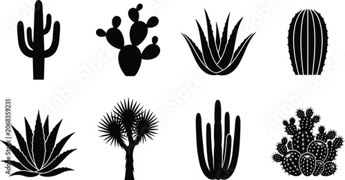 Bild auf Leinwand Collection of Various Cactus and Succulent Silhouettes Including Saguaro Prickly