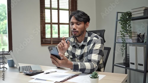 Man talking on smart phone have conversation online virtual chat video call