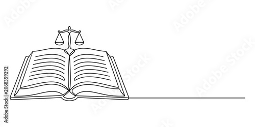 Schilderij op canvas Illustration of open law textbook displaying a subtle scale of justice icon above the page, hand drawn outline vector illustration