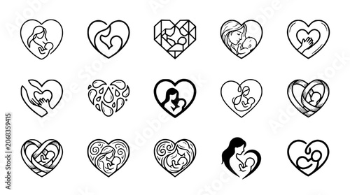 Valokuva Motherhood Heart Icons: Diverse Line Art Collection of Maternal Love and Family