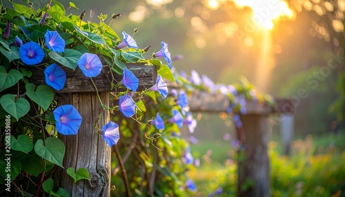 Morning glory vines with vibrant blue flowers climbing on a wooden structure, bathed in the warm golden light of sunrise. The scene evokes a sense of peace and natural beauty
