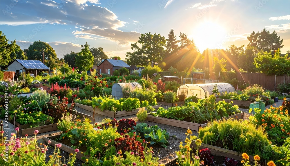 Obraz premium Lush community garden bursting with life under a golden sunset.