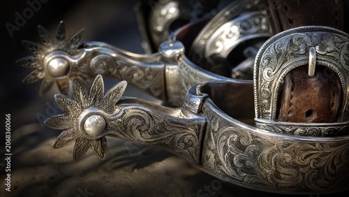 cinch. Intricate silver spurs and bridle buckle with detailed metalwork. wildlife magazines, conservation campaigns, designed for nature documentaries and education and eco-tourism storytelling.