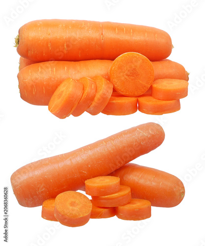 Fresh raw organic orange carrots whole and sliced pieces isolated on white background