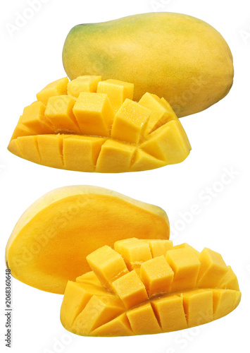 Fresh ripe yellow mango fruit whole and cut into cubes isolated on white background
