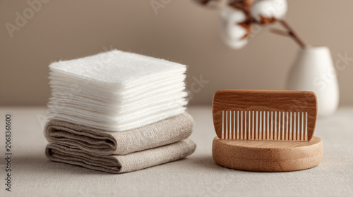 A stack of organic cotton pads next to a wooden comb, white and brown tones. 