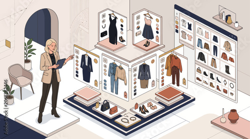 Fashion consultant presenting clothing collections and accessories in a modern retail showroom with digital displays.