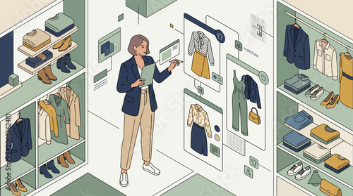 Woman organizing clothes in a digital wardrobe using a futuristic interface, showcasing smart closet technology.