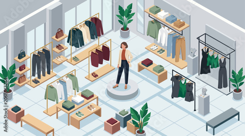 Modern clothing store interior with a woman standing on a display podium surrounded by racks of apparel and accessories.