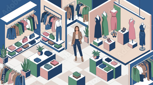 Woman standing in a modern clothing boutique with racks of apparel and displays of accessories.