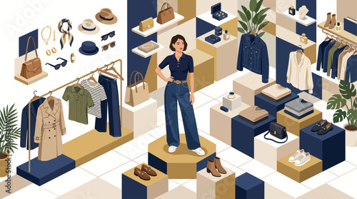 Woman standing in a stylish boutique surrounded by fashionable clothing and accessories, showcasing a curated collection.