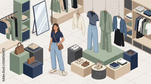 A woman stands in a modern clothing boutique, surrounded by stylish apparel and accessories displayed on shelves and platforms.