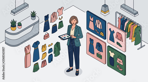 Fashion designer or stylist organizing clothing collection on digital tablet in a boutique.