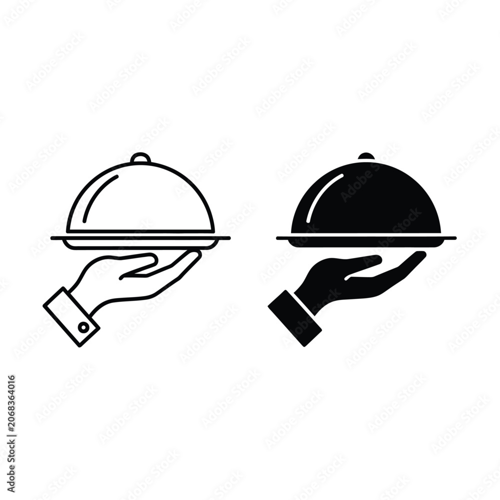 Fototapeta premium Hand holding a silver serving platter cloche available in both outline and solid black styles, isolated on a white background, for food