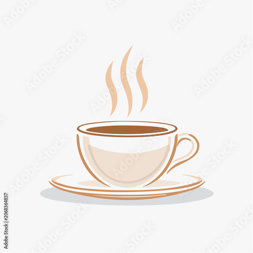 Steaming warm beverage in a classic white cup on a saucer, evoking comfort and morning rituals, simple stylized illustration