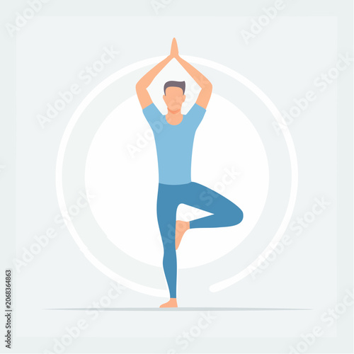 Man practicing yoga in tree pose with arms above head on a neutral background