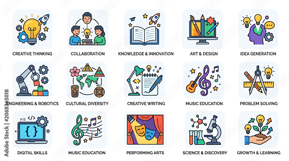 Fototapeta premium A vibrant infographic showcasing various educational icons and symbols representing different subjects and learning concepts in a colorful and organized manner.