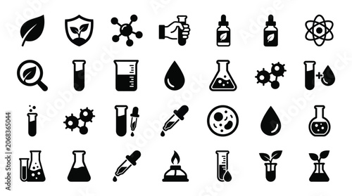 The laboratory equipment icons set features various scientific glassware and research tools arranged in a grid for professional design.