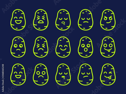 Set of Neon Green Potato Emoji Icons with Diverse Facial Expressions