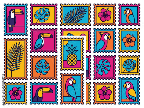 Vibrant Tropical Postage Stamp Vector Illustration Set with Toucan, Parrot, Hibiscus, and Exotic Leaves