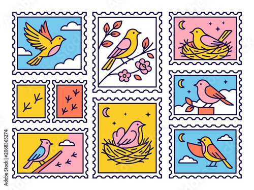 Set of Colorful Bird Postage Stamps with Flat Line Art Illustration