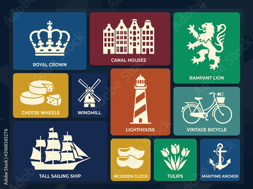 Netherlands Cultural Symbols and Dutch Heritage Icon Set: Windmill, Tulips, Canal Houses, Cheese, and Maritime Icons