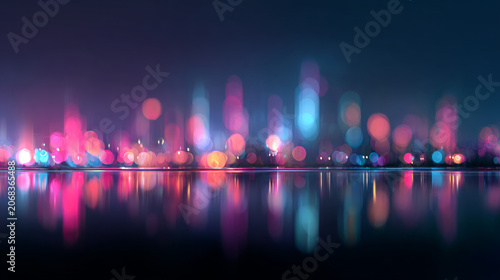 Abstract blurred lights of a futuristic city at night, bokeh effect, pink and blue neon palette. 