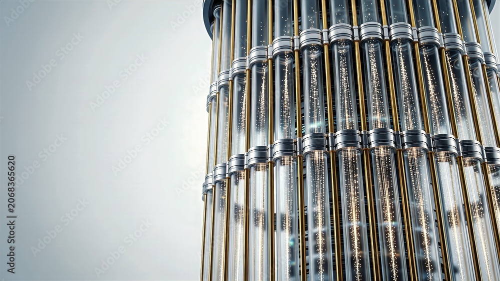 Obraz premium Epic Quantum Computing Core Chamber with Vertical Glass Conduits, Polished Gold Hardware, Luminous Particle Streams and Copy Space
