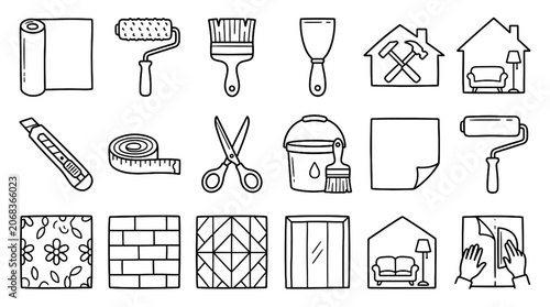 Fotografía Wallpaper Wallcovering Doodle Icon Set with Wallpaper Roll Floral Pattern Brick