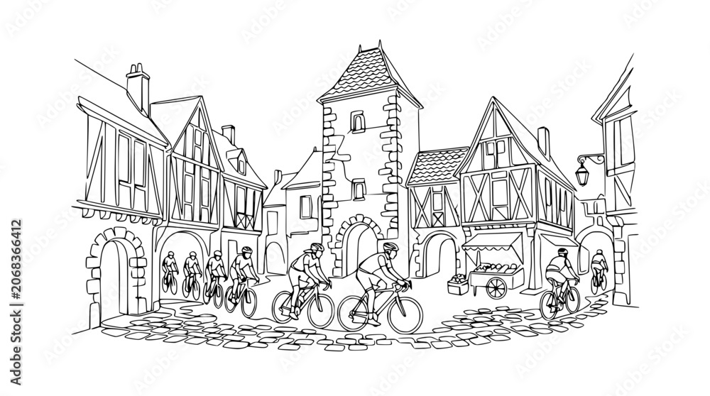 Fototapeta premium Charming European Village Scene with Cyclists and Historic Architecture