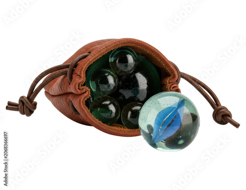 Vintage leather pouch with glass marbles isolated transparent background