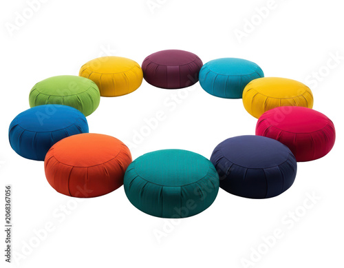 Circle of colorful round floor cushions isolated on transparent