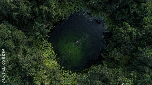 An aerial top-down view of a single person floating in a dark emerald green natural forest pool, perfectly still water, cinematic moody tones
