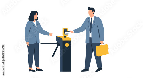 Employees passing through secure turnstiles at office entrance.