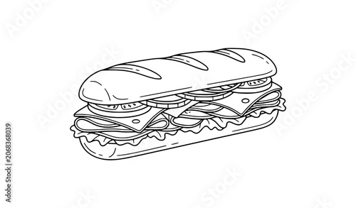Classic Hoagie Sandwich Outline Vector in Simple Black and White Line Art Style