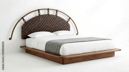 Unique bed frame featuring woven leather headboard and brass pipe railing.