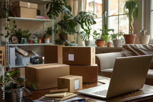 Home business workspace with packages ready for shipping, neutral tones  