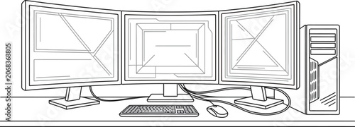 Tableau sur toile Computer workstation, triple monitor setup, office desktop, vector illustration
