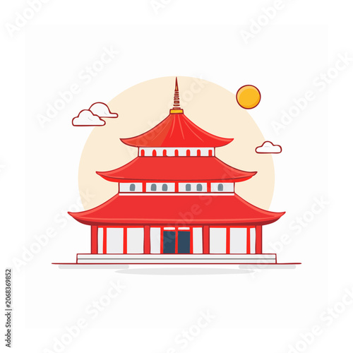 Red pagoda illustration with sun and clouds