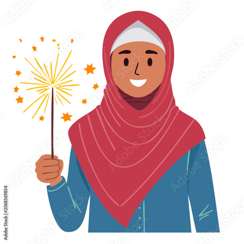 Woman in hijab holding sparkler, flat vector illustration