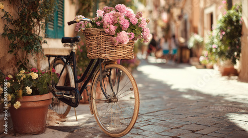 Bicycle with a basket full of flowers, parked in a sunny European street, aesthetic travel