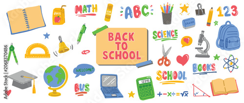 Set of school tools, set of education icons, back to school. Back to school supply cute drawing set. Vector Illustration.
