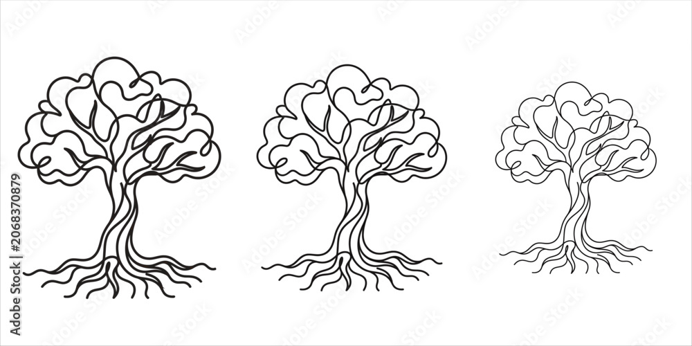 Fototapeta premium Line art trees with roots on a white background botanical illustration